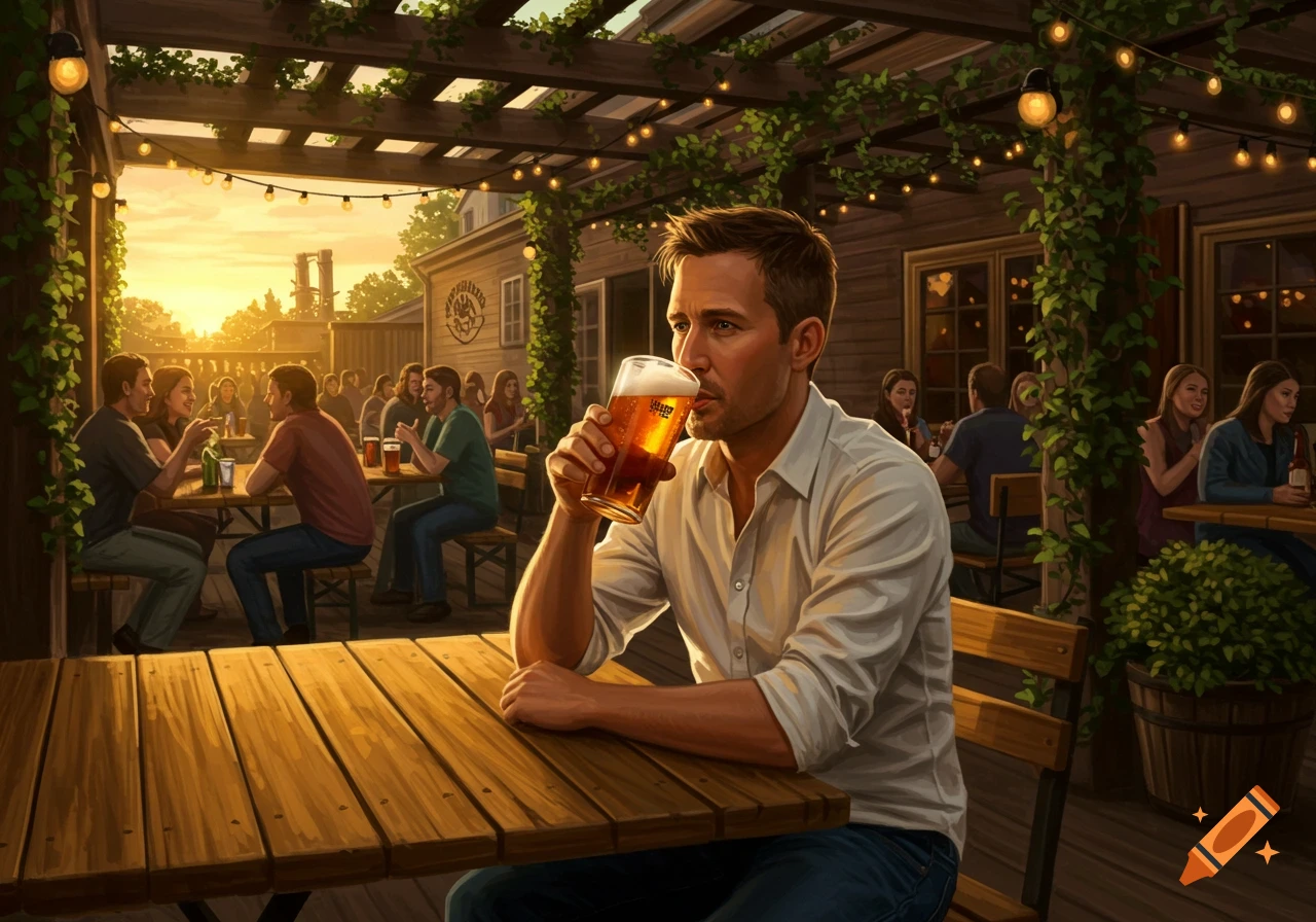 A man drinks beer at a lively outdoor restaurant patio at sunset, with other patrons in the background.