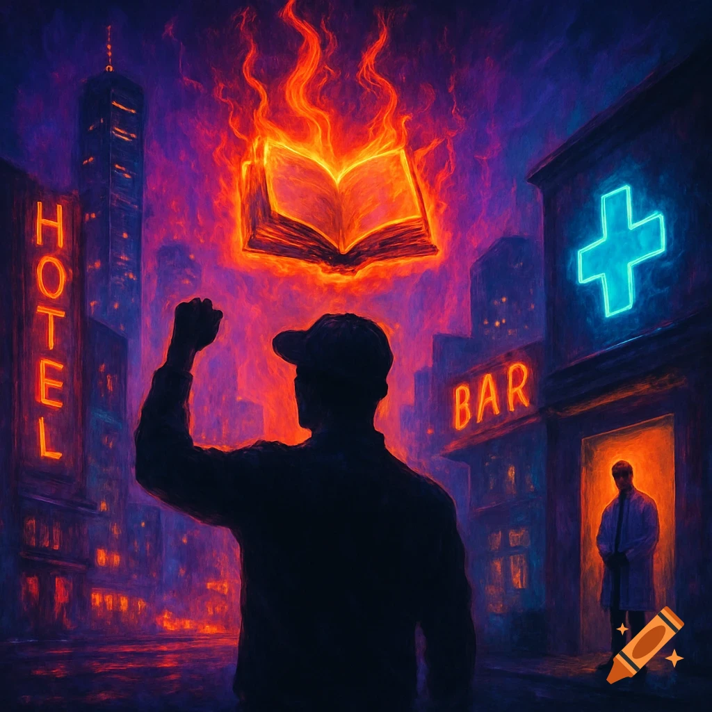 A surreal, painterly image of a man's silhouette with a raised fist, looking up at a fiery book floating in a neon-lit cityscape with signs for 'HOTEL' and 'BAR'.