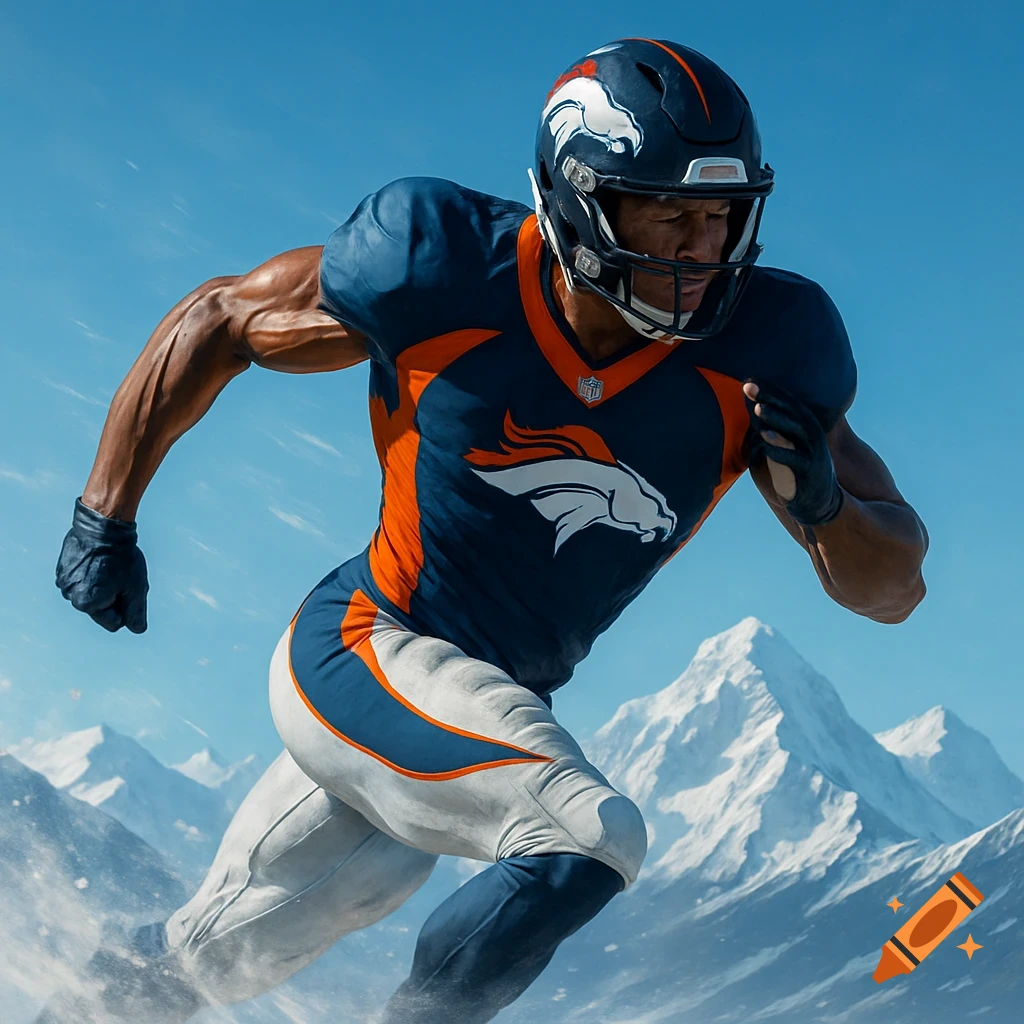 A muscular football player in a blue and orange uniform with a Broncos logo runs across a snowy mountain landscape under a clear blue sky.