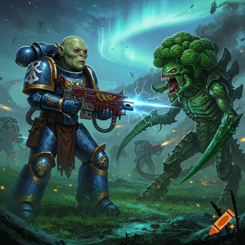A hyperrealistic space marine with a Jabba-like face shoots an alien Tyranid with a broccoli head on a swampy battlefield under an aurora.