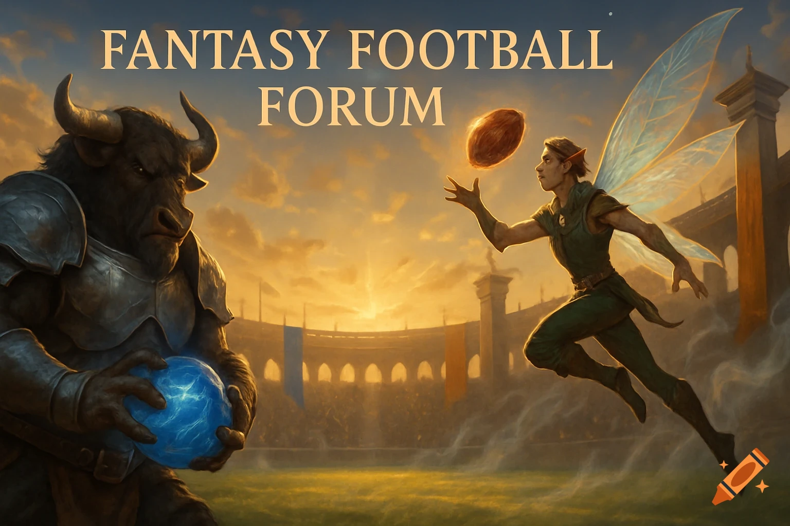 A minotaur and a winged elf play fantasy football in a stadium at sunset, with 'FANTASY FOOTBALL FORUM' text.