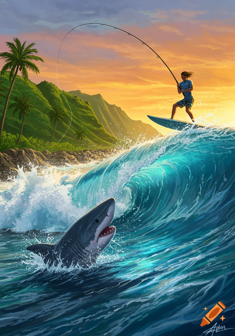 An illustrated scene of a man surfing a large wave with a fishing rod, catching a shark that leaps out of the water. Tropical island in background at sunset.