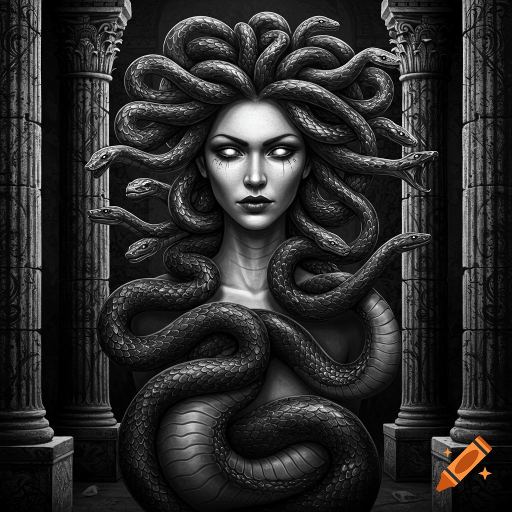 Black and white portrait of Medusa with snakes for hair and wrapped around her body, standing between ancient columns.