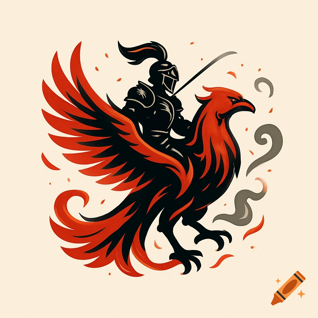 A stylized logo of a black knight riding a red phoenix, with smoke and embers around.