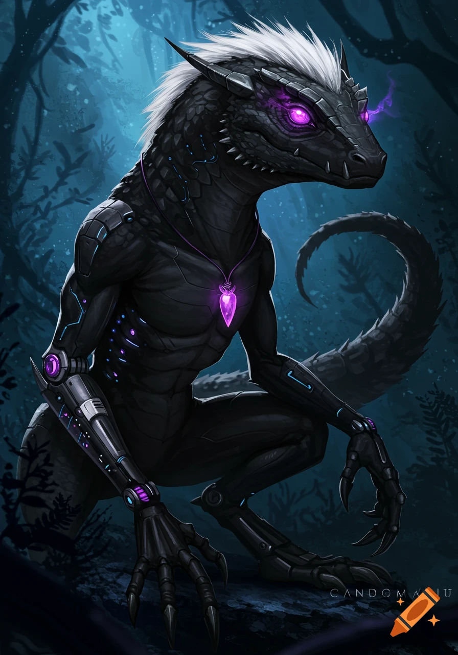 A dark, bipedal reptilian creature with glowing purple eyes and cybernetic limbs, wearing a glowing pink pendant, in a shadowy forest.