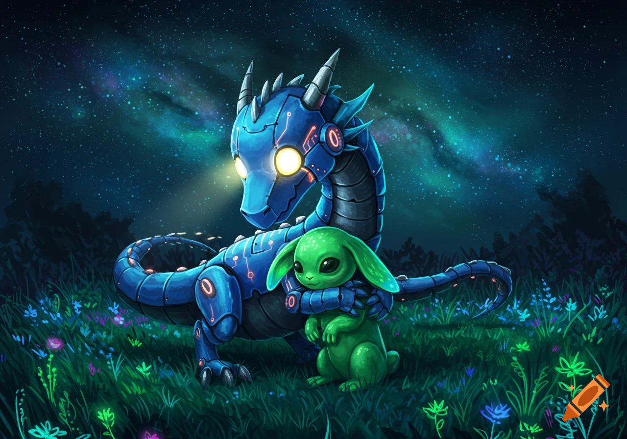 A blue robot dragon with glowing yellow eyes hugs a green alien bunny in a field under a starry night sky.