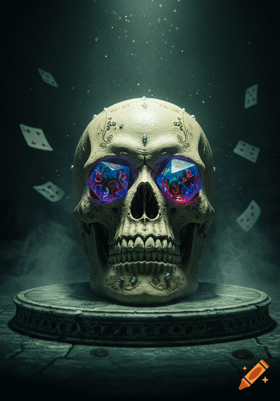 A close-up, dimly lit view of a skull with translucent blue and red polyhedral dice in its eye sockets, surrounded by floating playing cards and smoke.