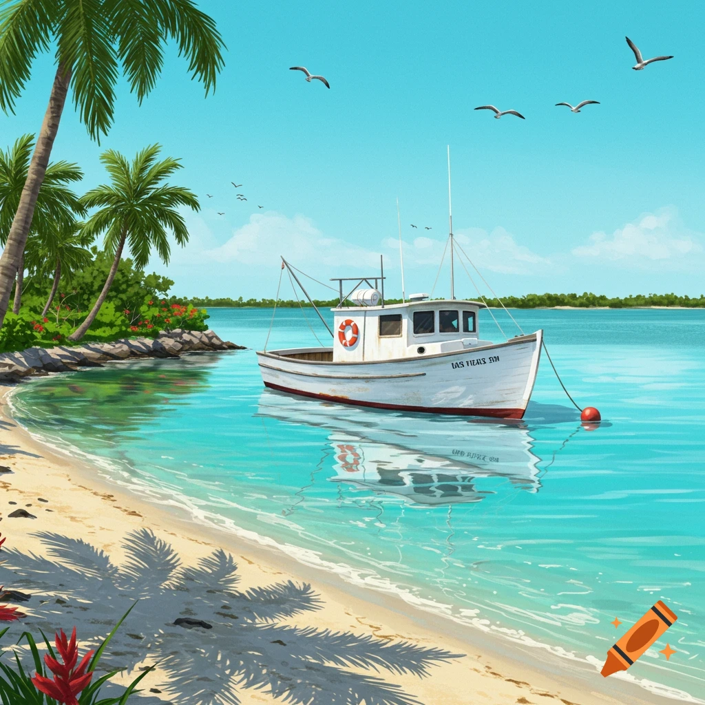 A white lobster boat floats in clear turquoise water near a sandy beach with palm trees and green foliage under a clear blue sky.