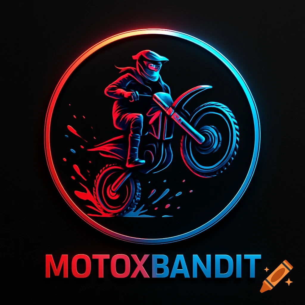 A stylized logo with a motocross rider on a bike doing a wheelie inside a neon-lit circular frame, with the text "MOTXBANDIT" below.