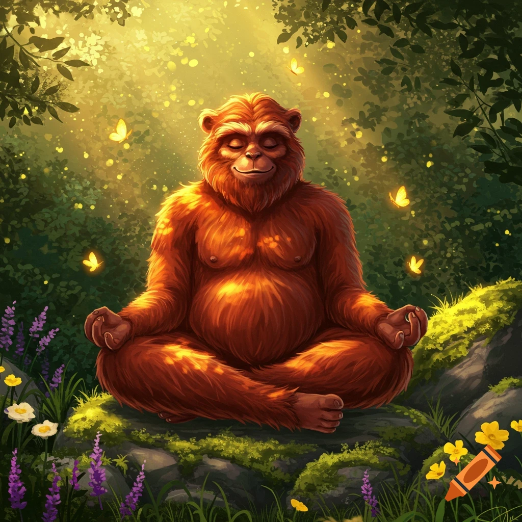 A large, furry, orange-brown sasquatch-like creature meditates cross-legged in a sunlit forest clearing with golden butterflies.