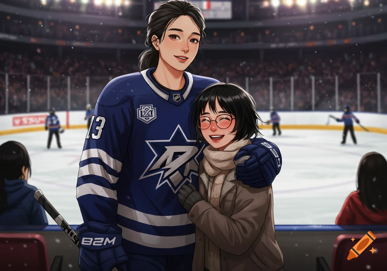 An anime-style drawing of a female hockey player embracing her girlfriend at a hockey rink.