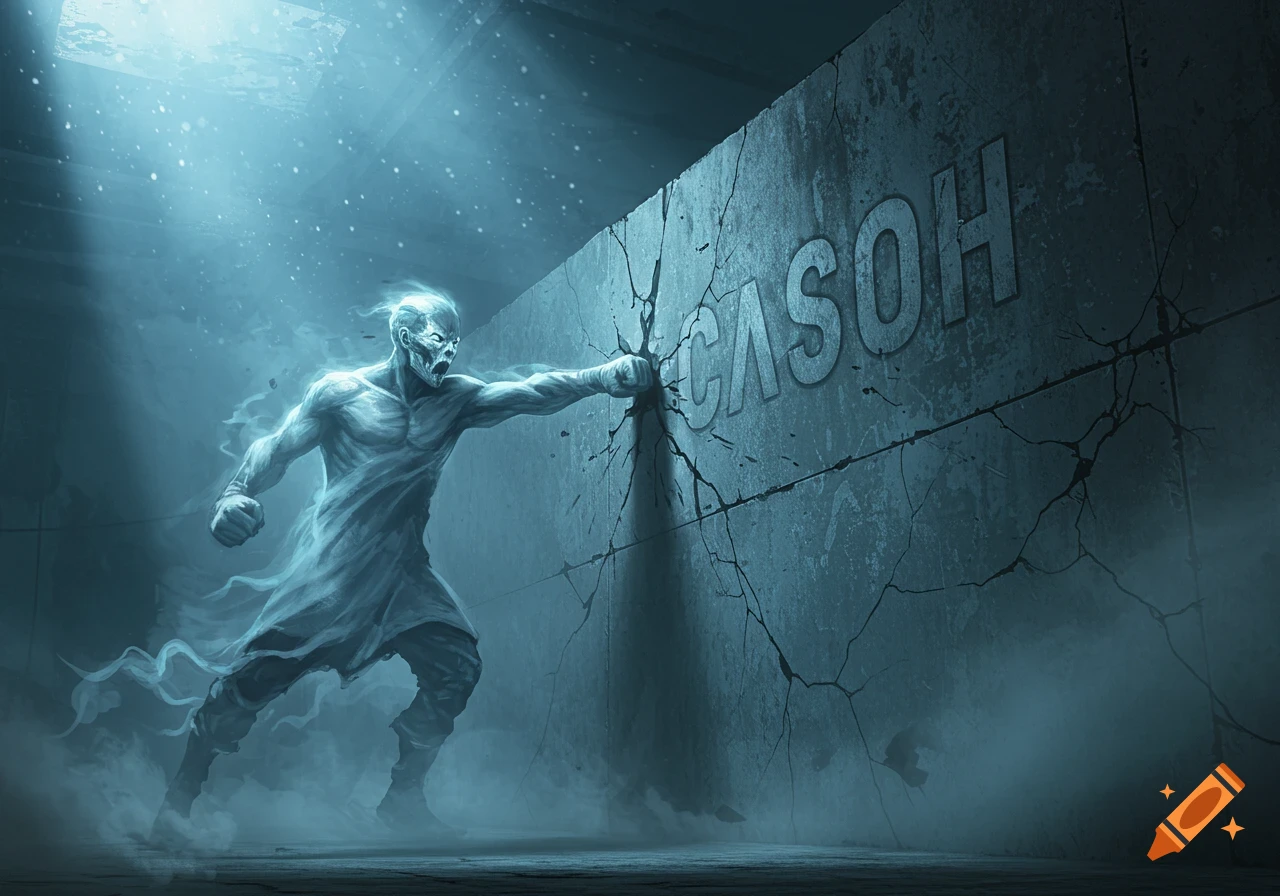 A glowing, spectral figure with a ghostly face punches a cracked concrete wall displaying the word 'CASOH' in a dark, atmospheric setting.
