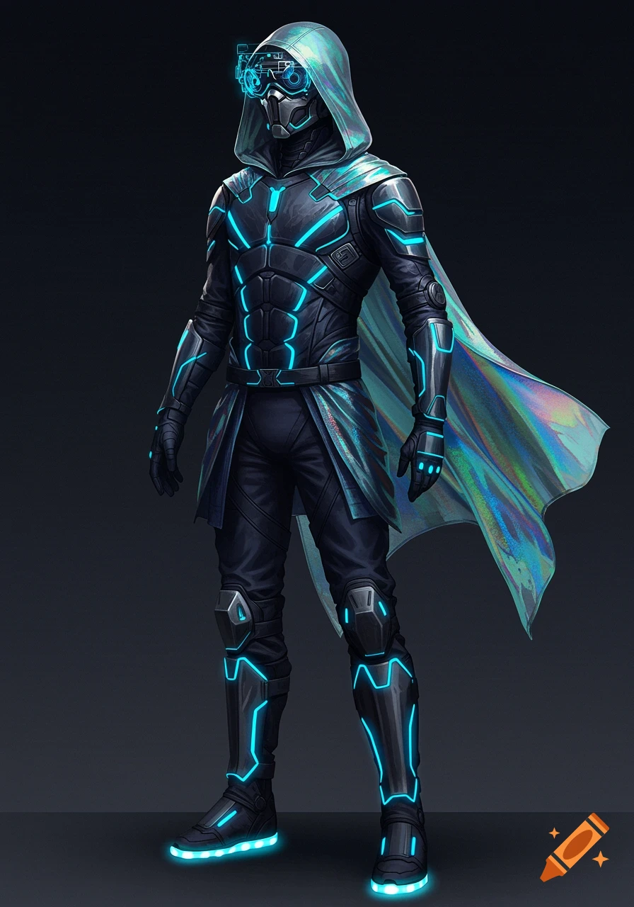 A person in a dark, futuristic suit with glowing blue accents and an iridescent cape, wearing a hood and a high-tech visor.