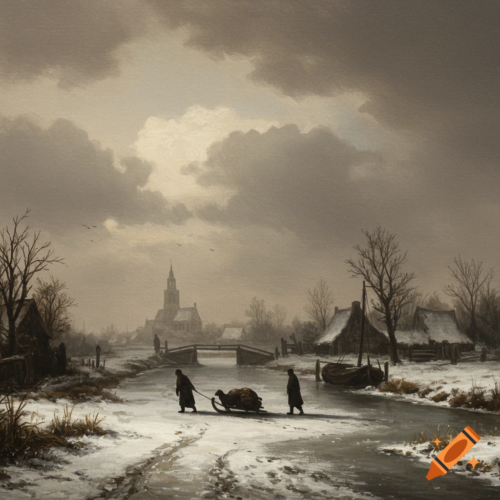 A dark, muted Dutch Baroque painting depicts a snowy winter landscape with figures on a frozen canal, a village, and a church under a cloudy sky.