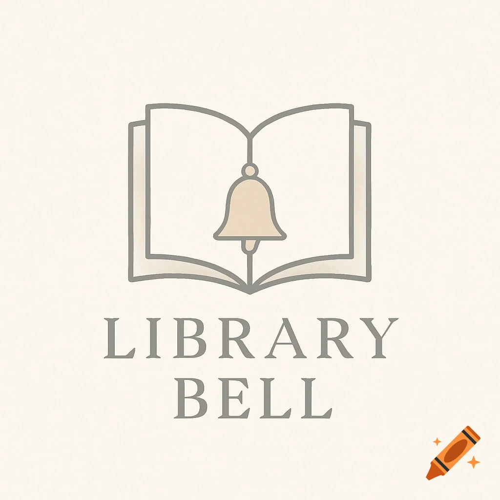 Minimalist logo featuring an open book with a bell hanging inside, above the text LIBRARY BELL, in soft neutral colors.