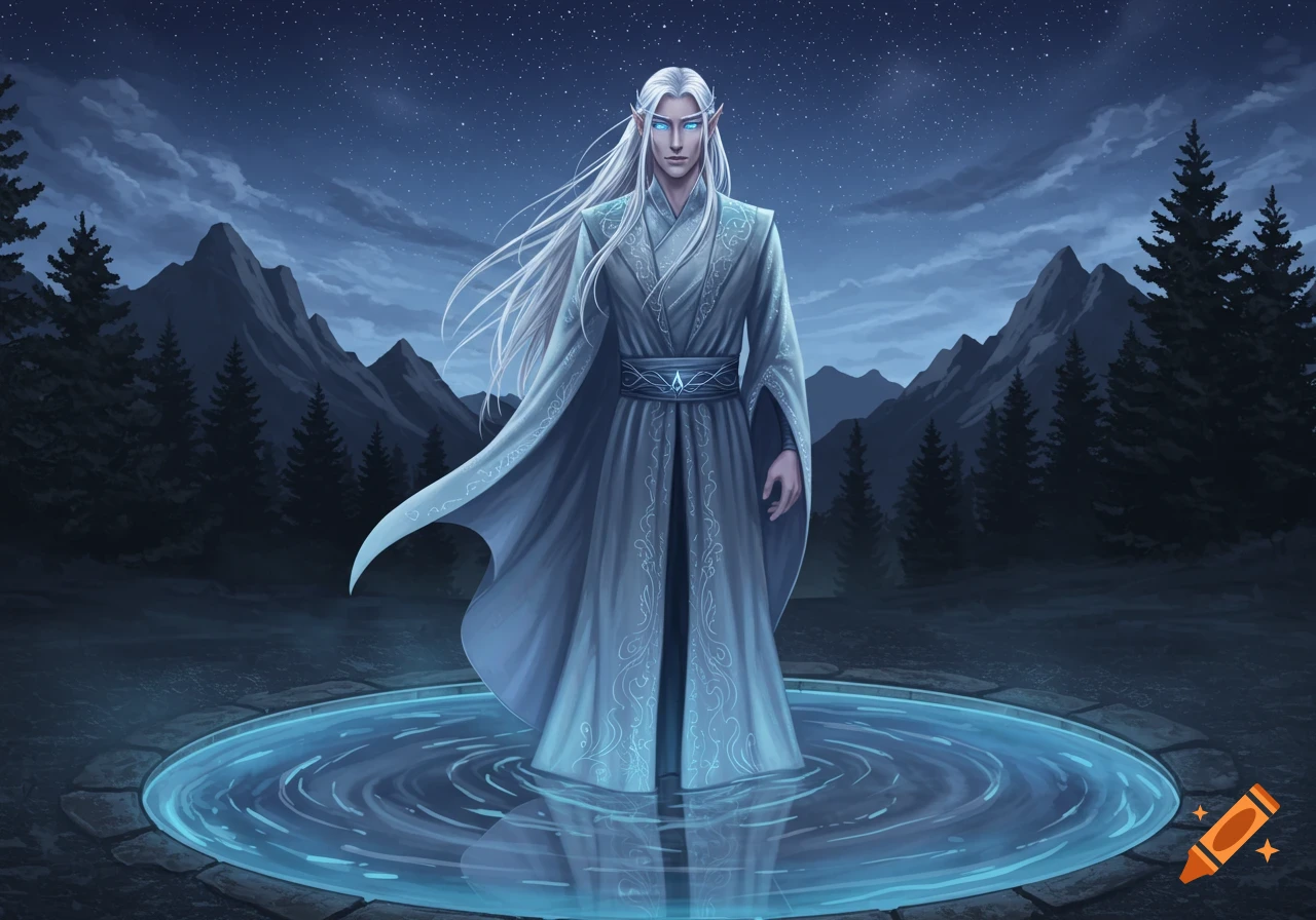 A male elf with silver hair and blue eyes in pale blue robes stands in a luminous pool at night, mountains behind him.