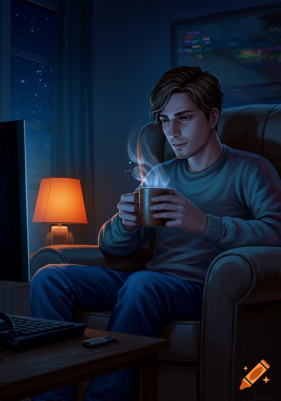 A man sits in an armchair at night, holding a steaming mug while looking at a screen, a keyboard nearby.