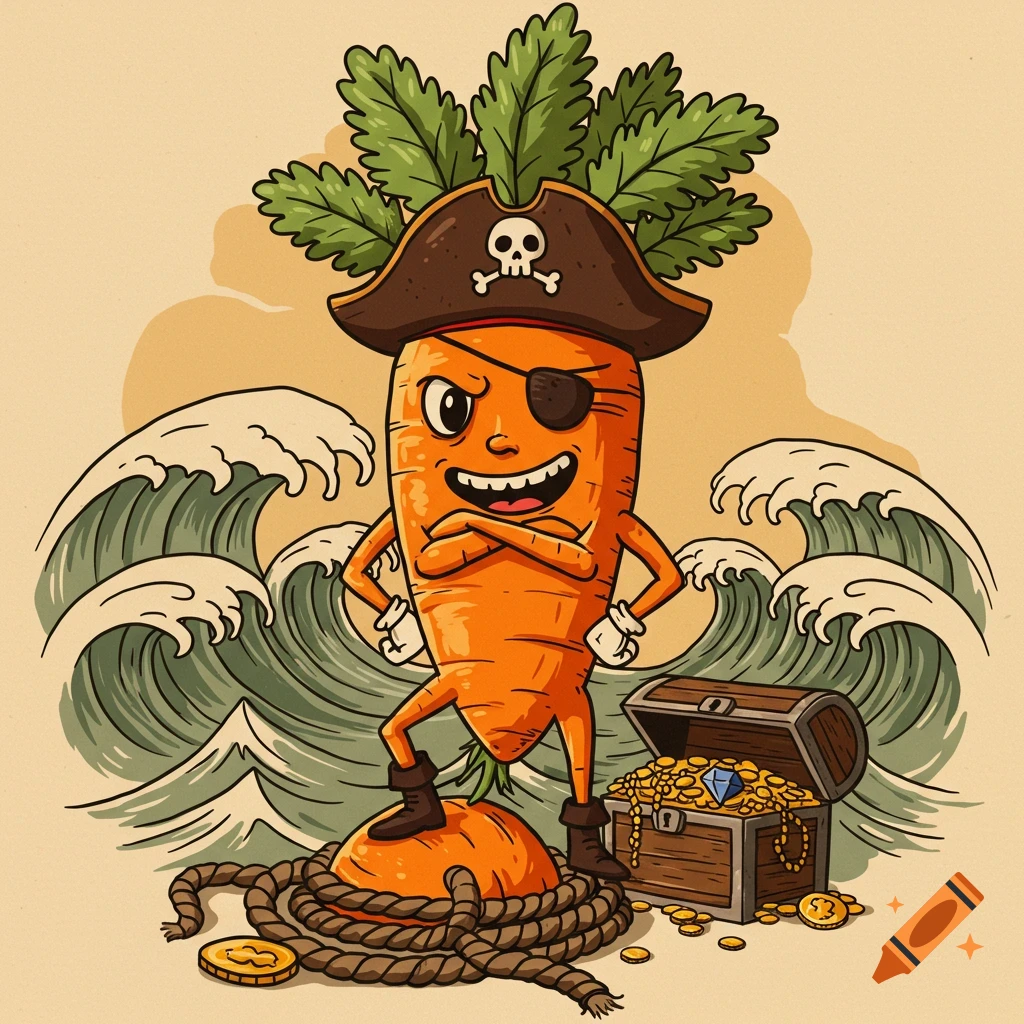 A cartoon carrot pirate with an eyepatch and hat, standing on a large carrot amidst waves, next to a treasure chest overflowing with gold.
