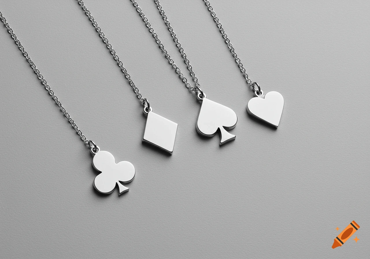 Four silver pendants on chains, shaped as a club, diamond, spade, and heart, on a gray background.