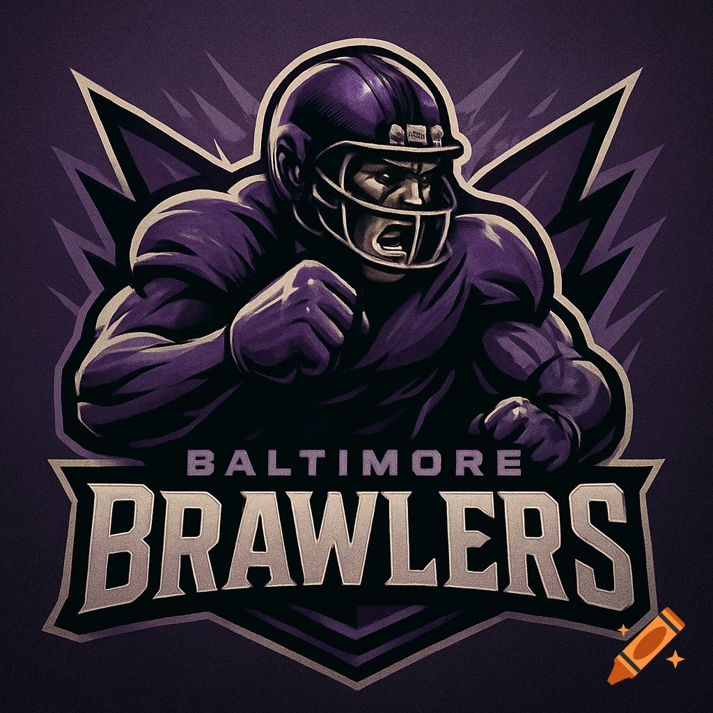 A purple and black sports logo featuring an aggressive football player in a helmet, with 'BALTIMORE BRAWLERS' text below.