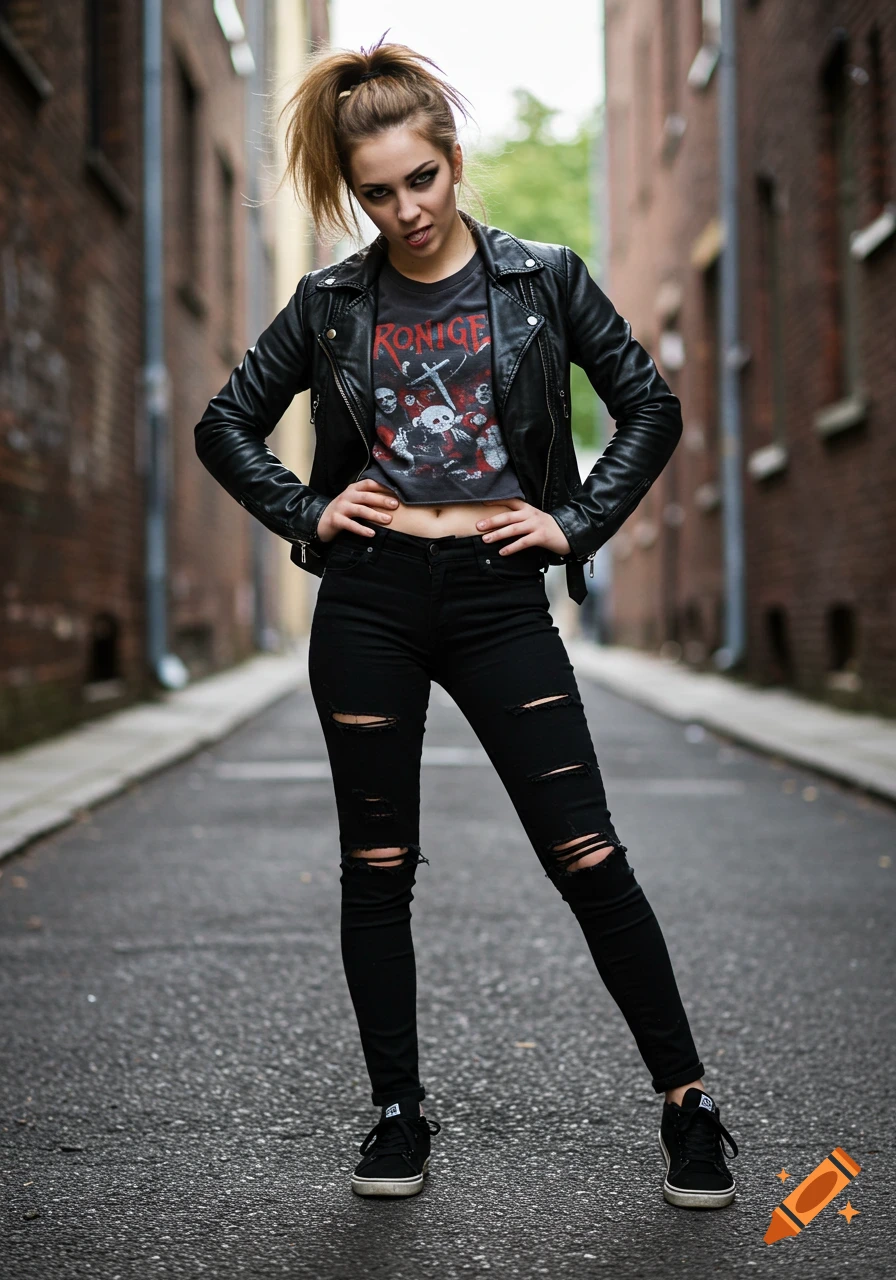 A rebellious young woman in a leather jacket and ripped jeans stands in an urban alley, hands on hips.