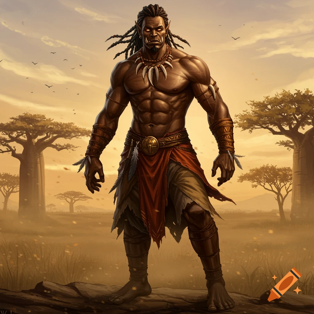 A muscular, dark-skinned fantasy orc with dreadlocks and tusks, wearing tribal attire and a shell necklace, stands in a savannah landscape at sunset.
