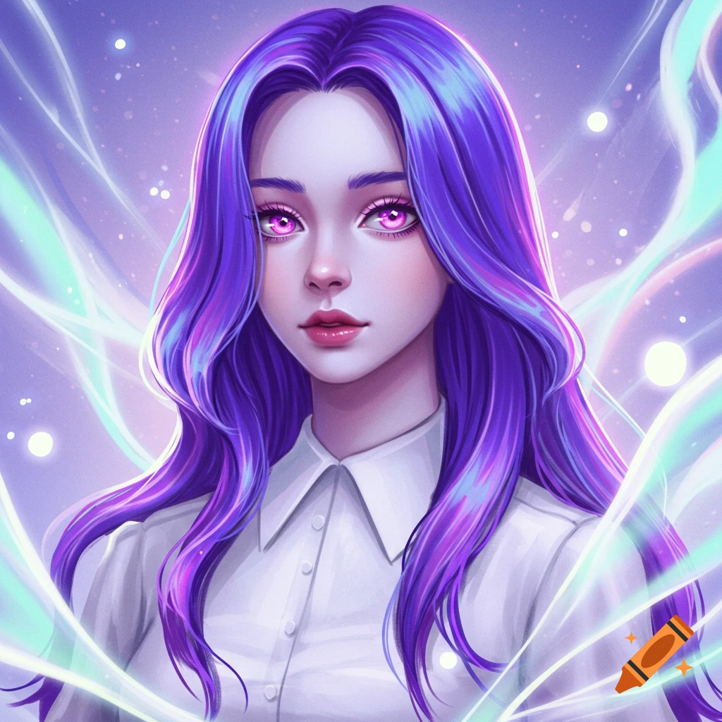 A digital art portrait of a woman with long wavy purple hair and glowing pink eyes, surrounded by ethereal light.