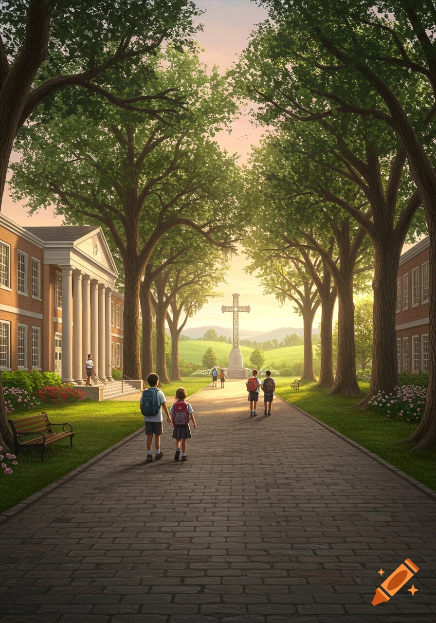Children walk on a brick path lined with trees toward a large cross in front of school buildings at sunset.