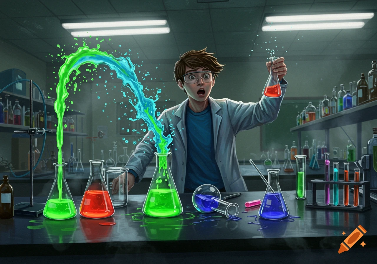A wide-eyed student in a lab coat and goggles reacts to a vibrant green and blue chemical mixture splashing out of beakers on a lab table.