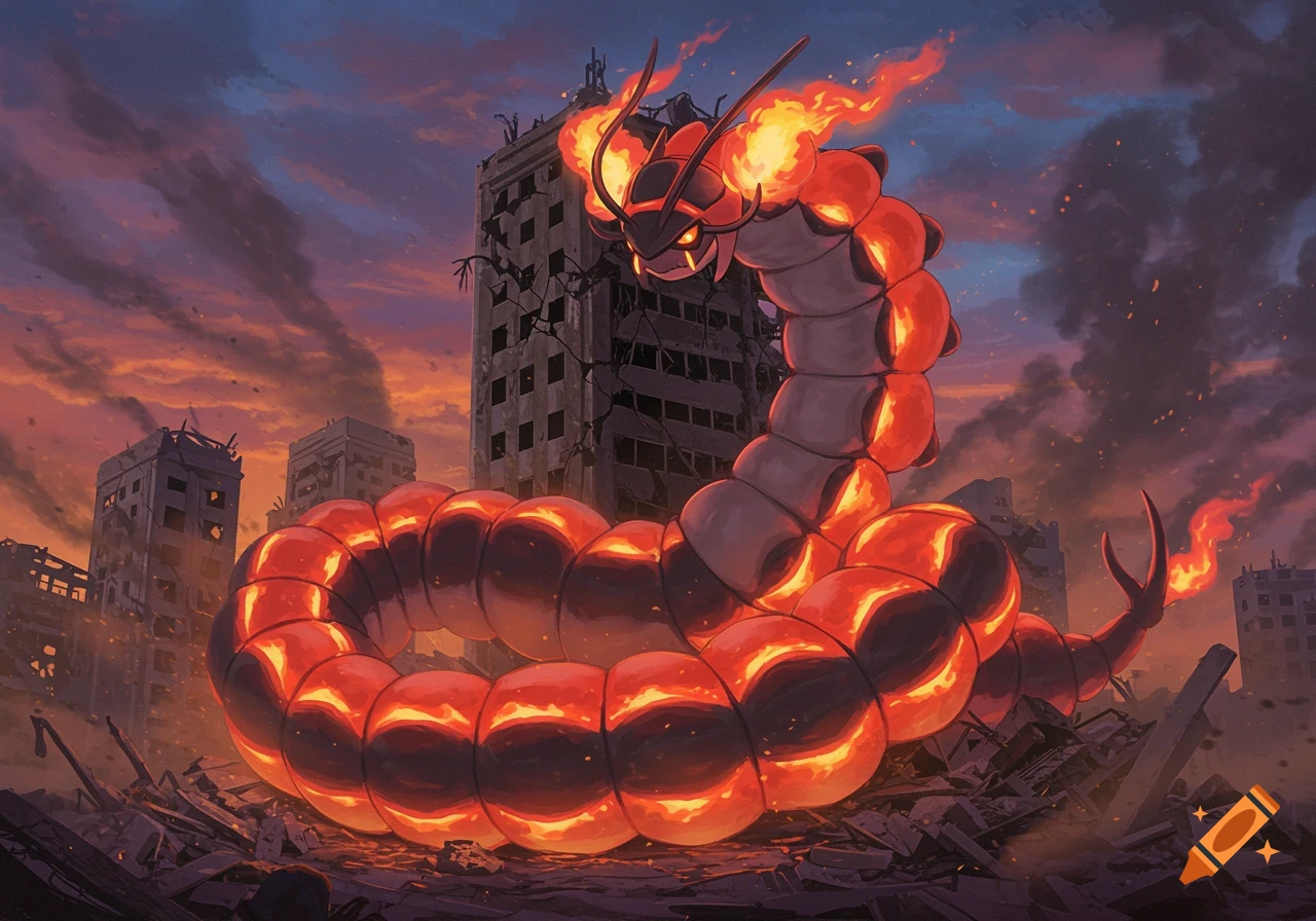 A massive, fiery red and orange Centiskorch from Pok Amon coils around a crumbling skyscraper in a destroyed city at sunset.