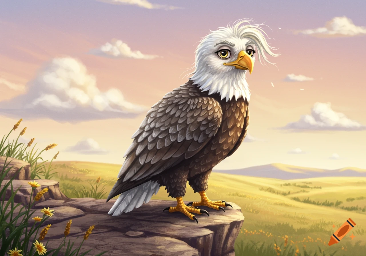 A stylized bald eagle with white feathery hair on its head stands on a rock overlooking a grassy landscape at sunset.