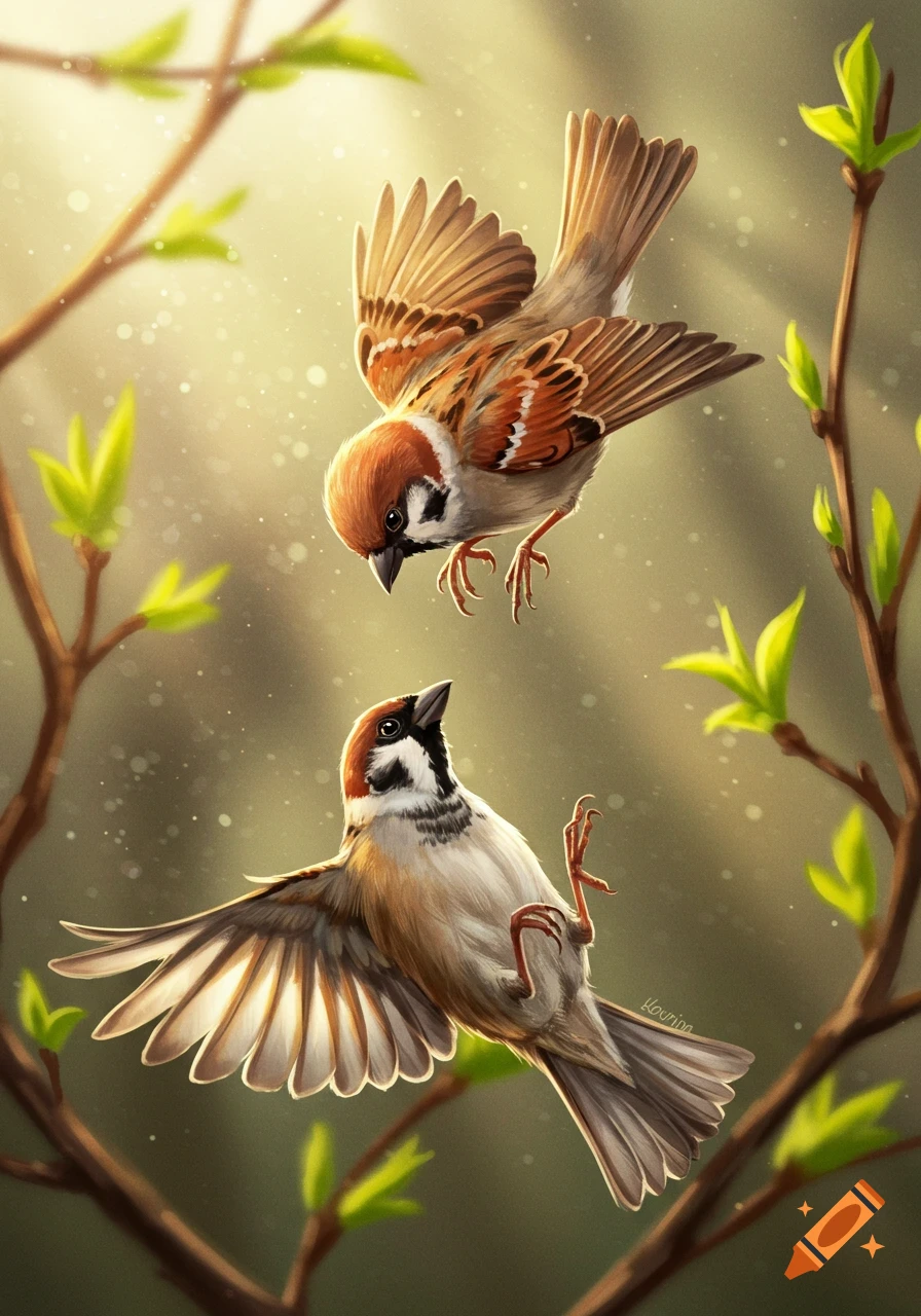 Digital illustration of two sparrows, one flying down and one looking up, surrounded by sunlit green branches.