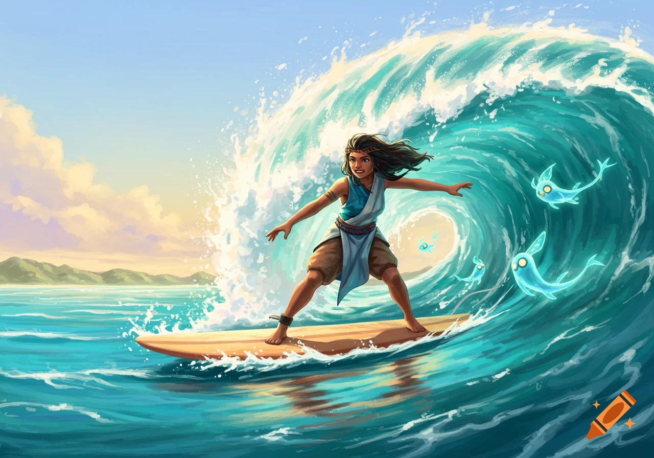 A fantasy character resembling Kena surfs a large wave with glowing spirit companions in a vibrant illustration.