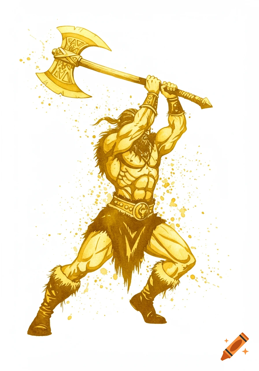 A muscular barbarian in yellow watercolor style prepares to strike with a large double-bladed axe on a white background.