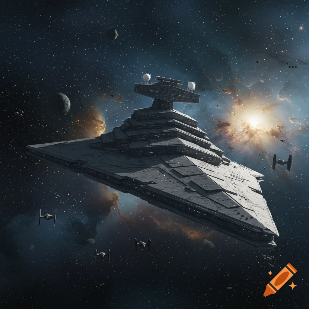 A large Imperial Star Destroyer flies through a nebula-filled space, flanked by TIE fighters and distant planets.