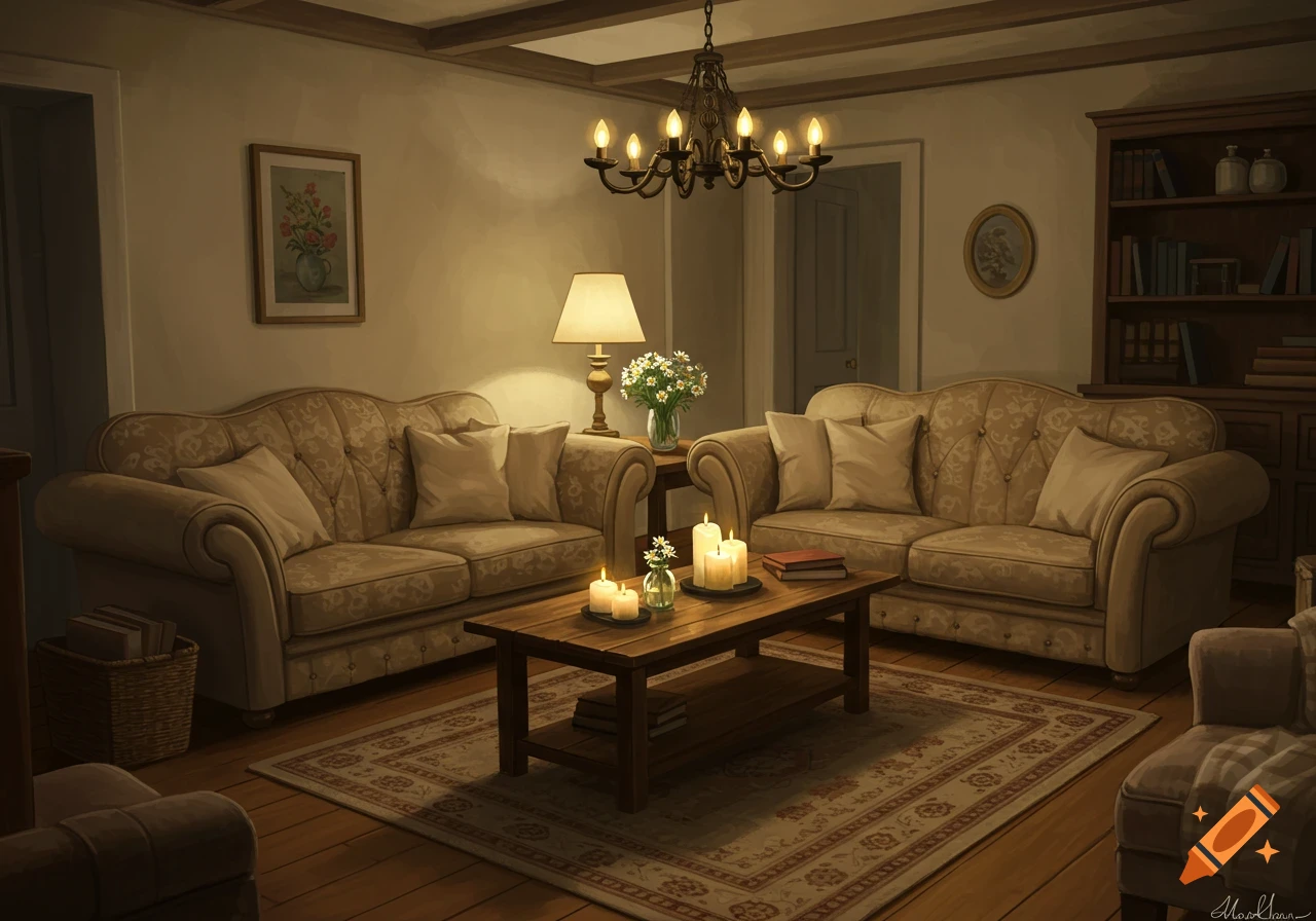 A cozy, warm-lit living room with two traditional couches, a coffee table with candles, and a bookshelf.