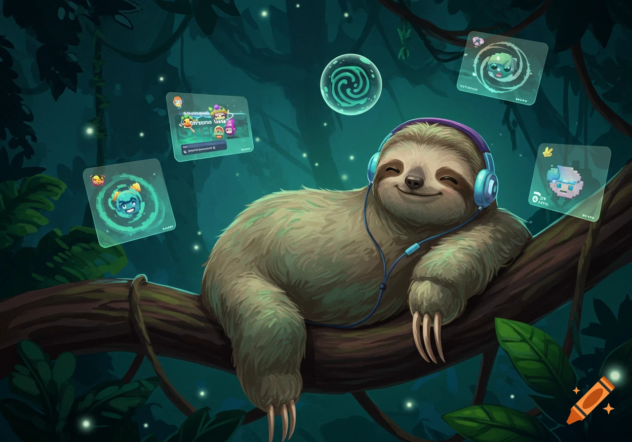 A cute cartoon sloth with headphones smiles while lounging on a tree branch in a magical forest with glowing leaves and floating cards.