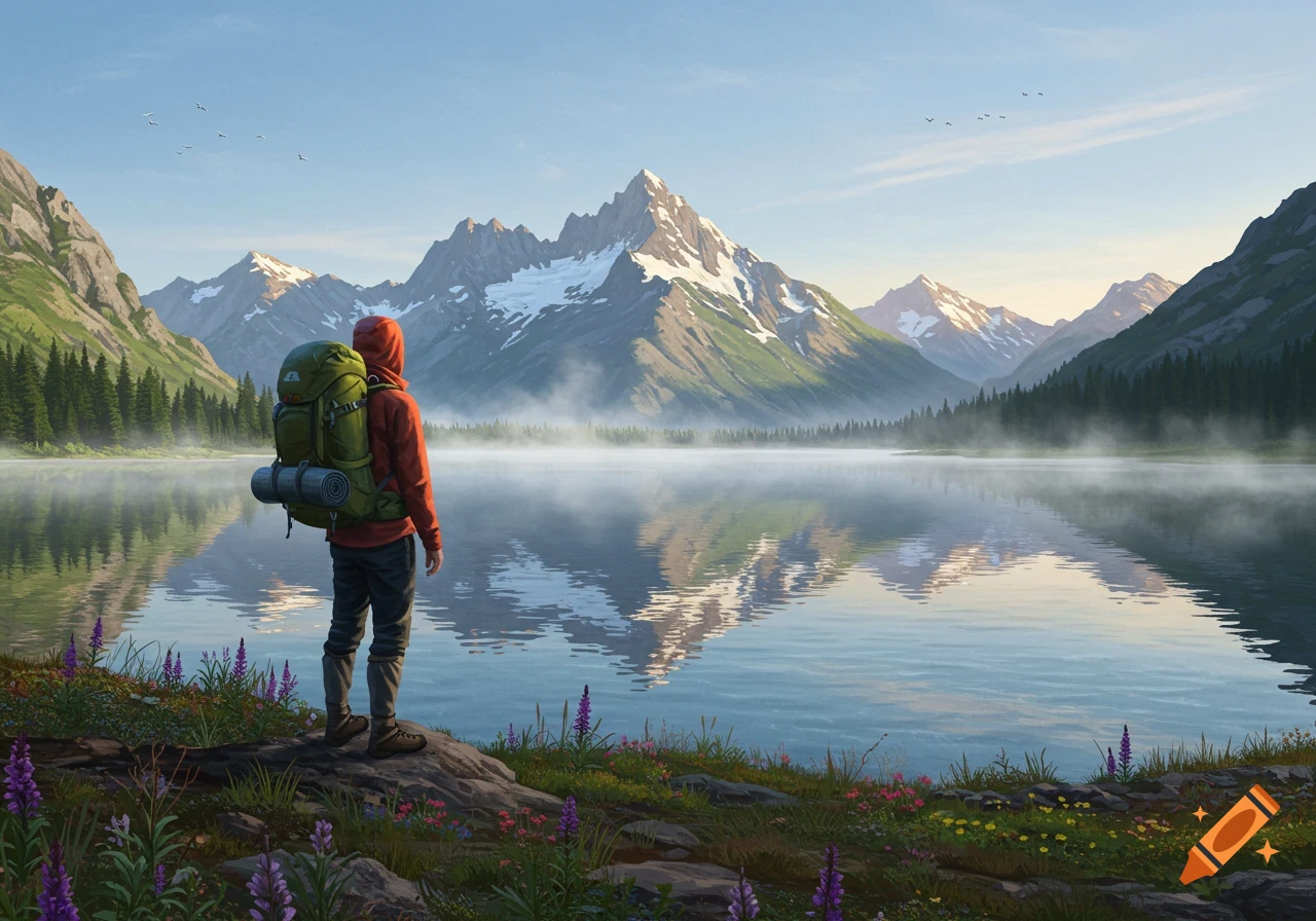A person wearing a red jacket and green backpack stands facing a serene mountain lake with reflections of snow-capped peaks under a clear sky.