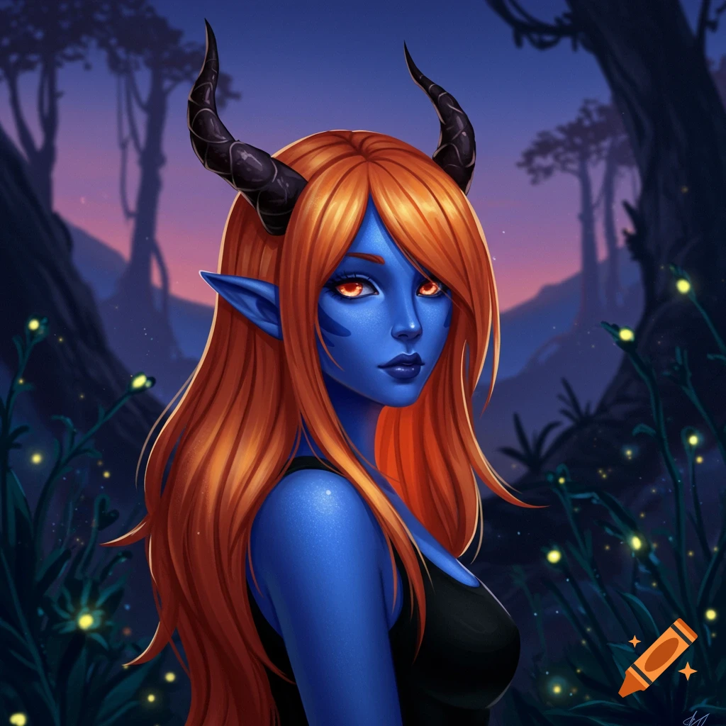 Anime-style portrait of a blue-skinned woman with long orange hair, black horns, and glowing eyes, in a mysterious forest at dusk.