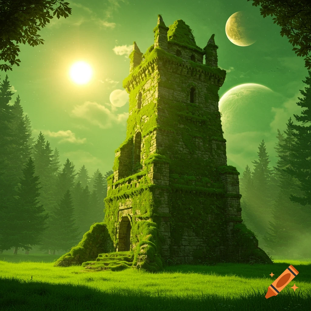A moss-covered stone tower stands in a vibrant green field surrounded by pine trees under a glowing sun and two large moons in a green sky.
