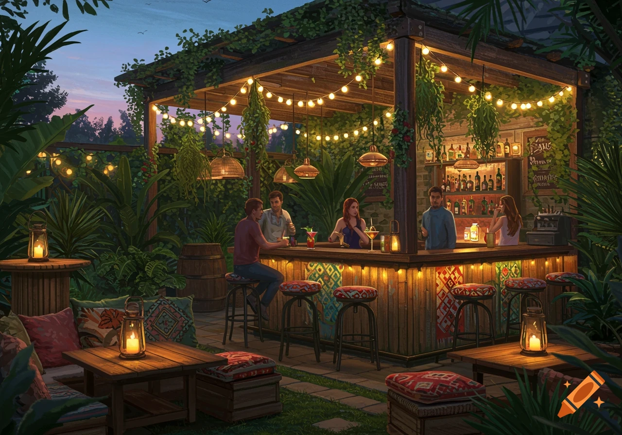 An inviting outdoor bar at dusk, illuminated by string lights, with lush green foliage surrounding it. People are seated at the bar and at nearby tables.