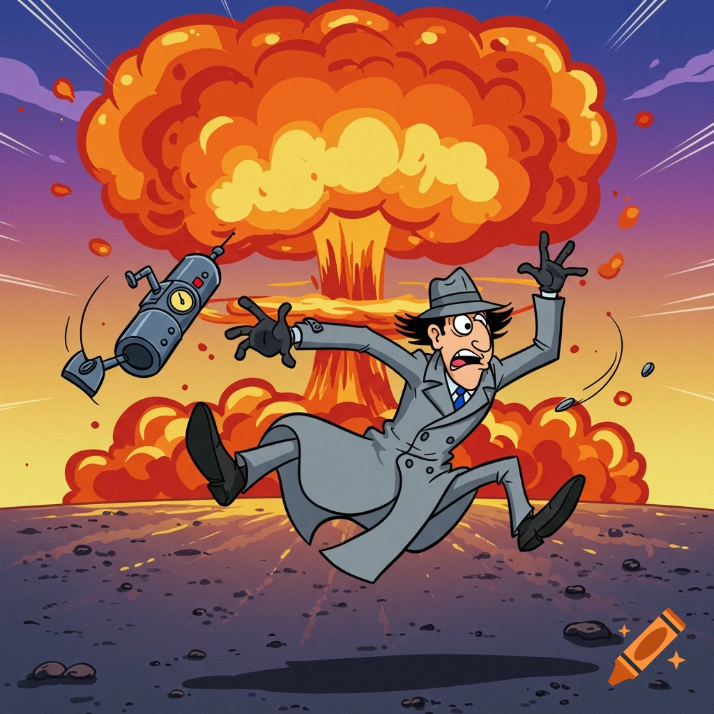 A colorful cartoon of a bumbling detective similar to Inspector Gadget flailing in front of a huge mushroom cloud from a cartoon nuclear explosion.