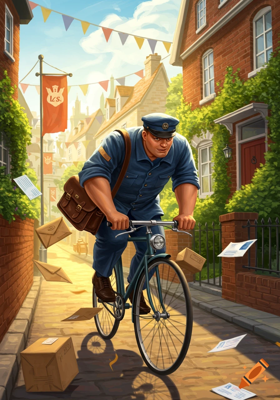An illustrated image of a muscular mailman cycling down a sunny village street, with letters and packages flying around him.