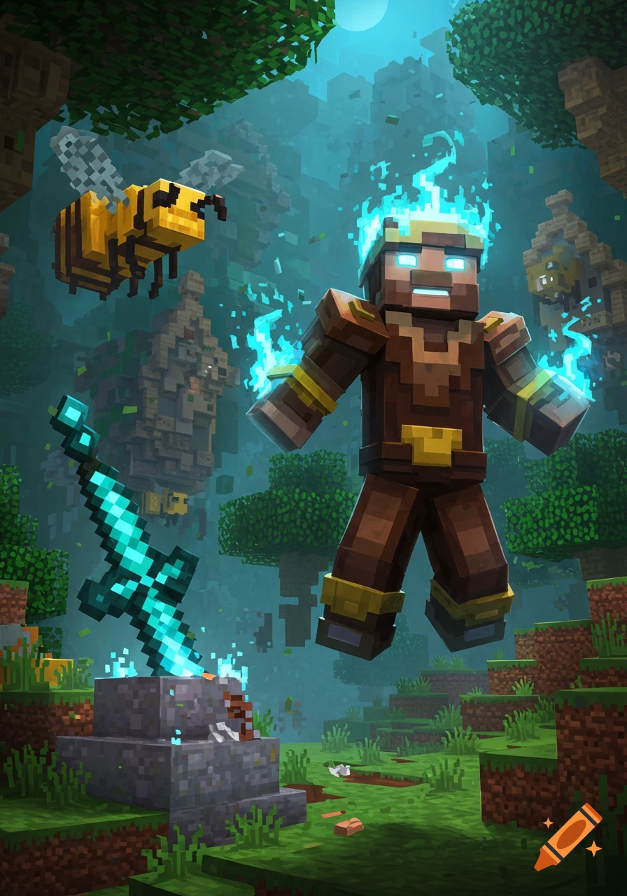 A Minecraft player with glowing eyes and blue fire floats in a misty blocky forest with a sword in a stone and a bee.