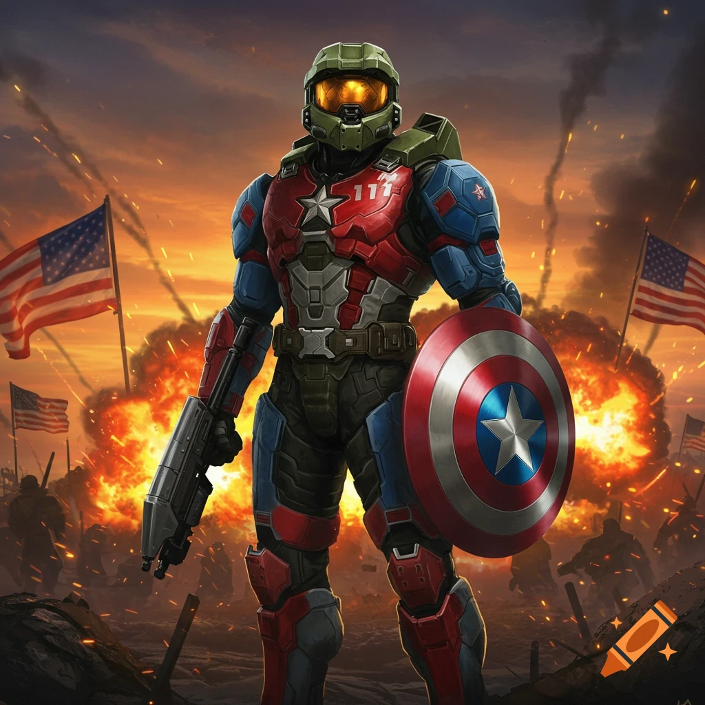Master Chief in Captain America armor holding a shield amidst explosions and US flags on a battlefield at sunset.