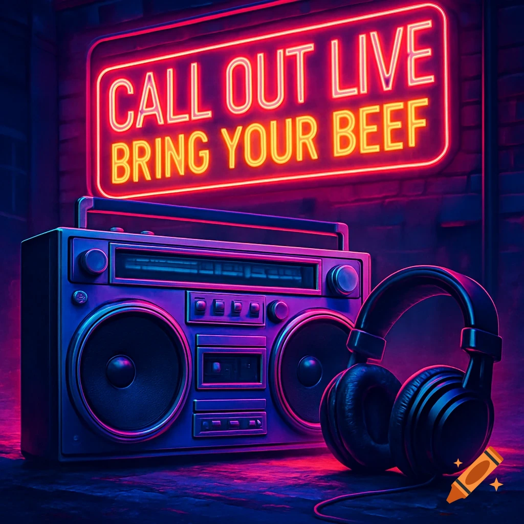 A retro boombox and headphones lit by purple and blue neon, with a red neon sign reading 'CALL OUT LIVE BRING YOUR BEEF' on a brick wall.