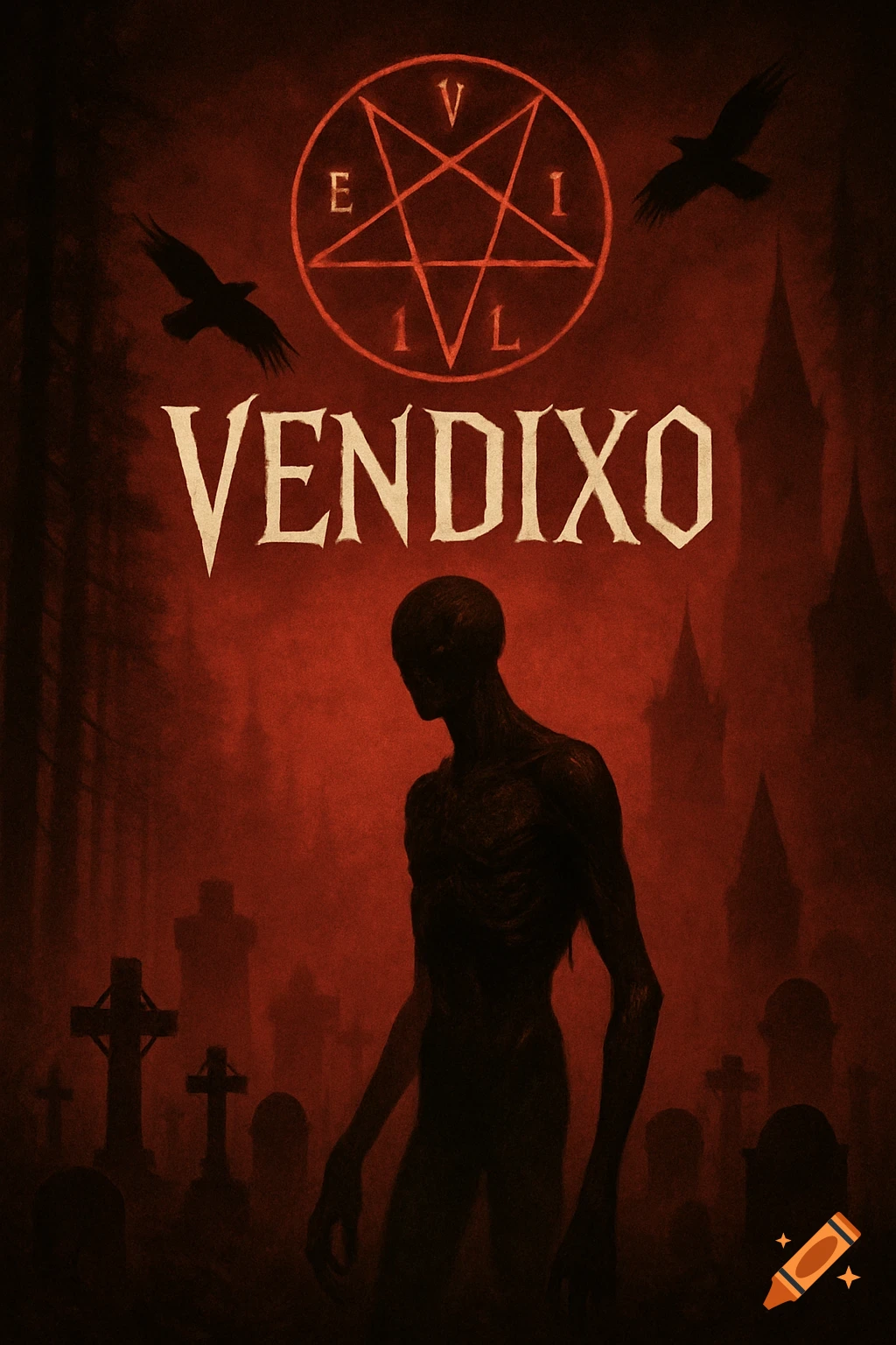 A gloomy, gothic scene with a skeletal figure in a cemetery under a red sky with a pentagram symbol and text. Two crows fly above.