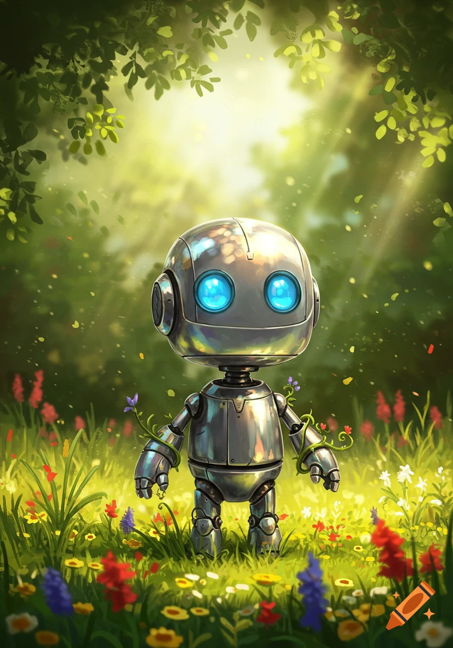 A cute metallic robot with glowing blue eyes stands in a lush, sunlit field of green grass and colorful flowers, vines growing on its arms.
