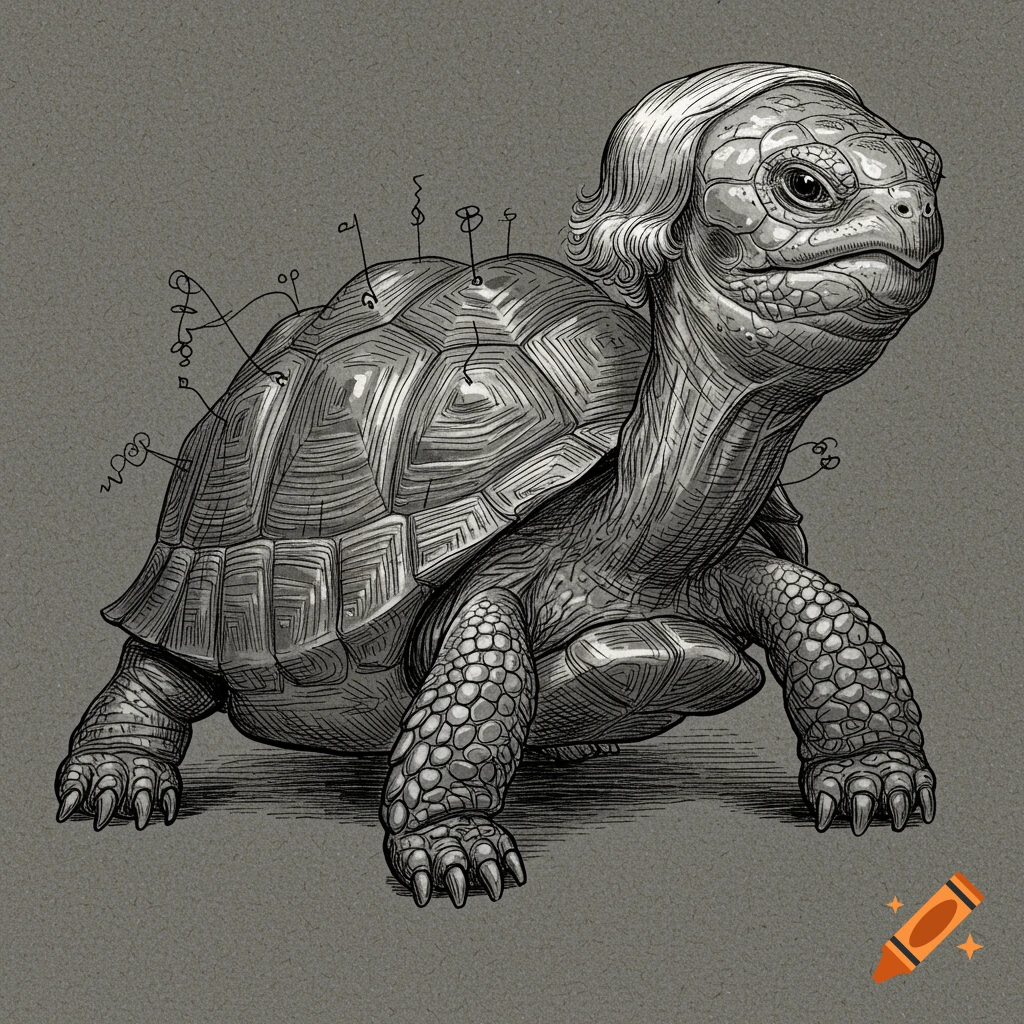 A monochrome engraving of a tortoise wearing a wig, depicted as a Victorian caricature.