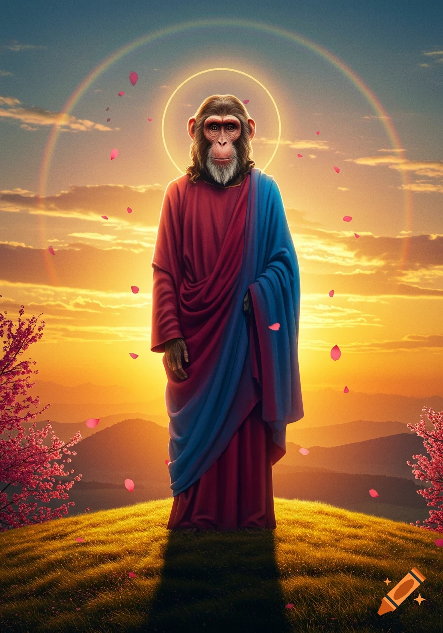 A bearded monkey in red and blue robes with a halo stands on a grassy hill at sunset with a rainbow and falling petals.